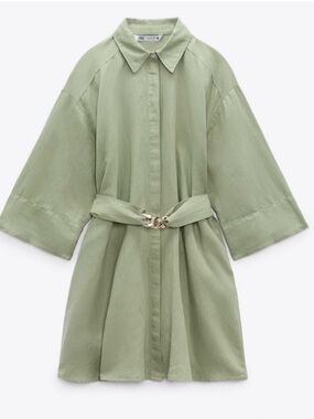 🐢 Zara Light Khaki Linen Blend Shirt Dress 🐢